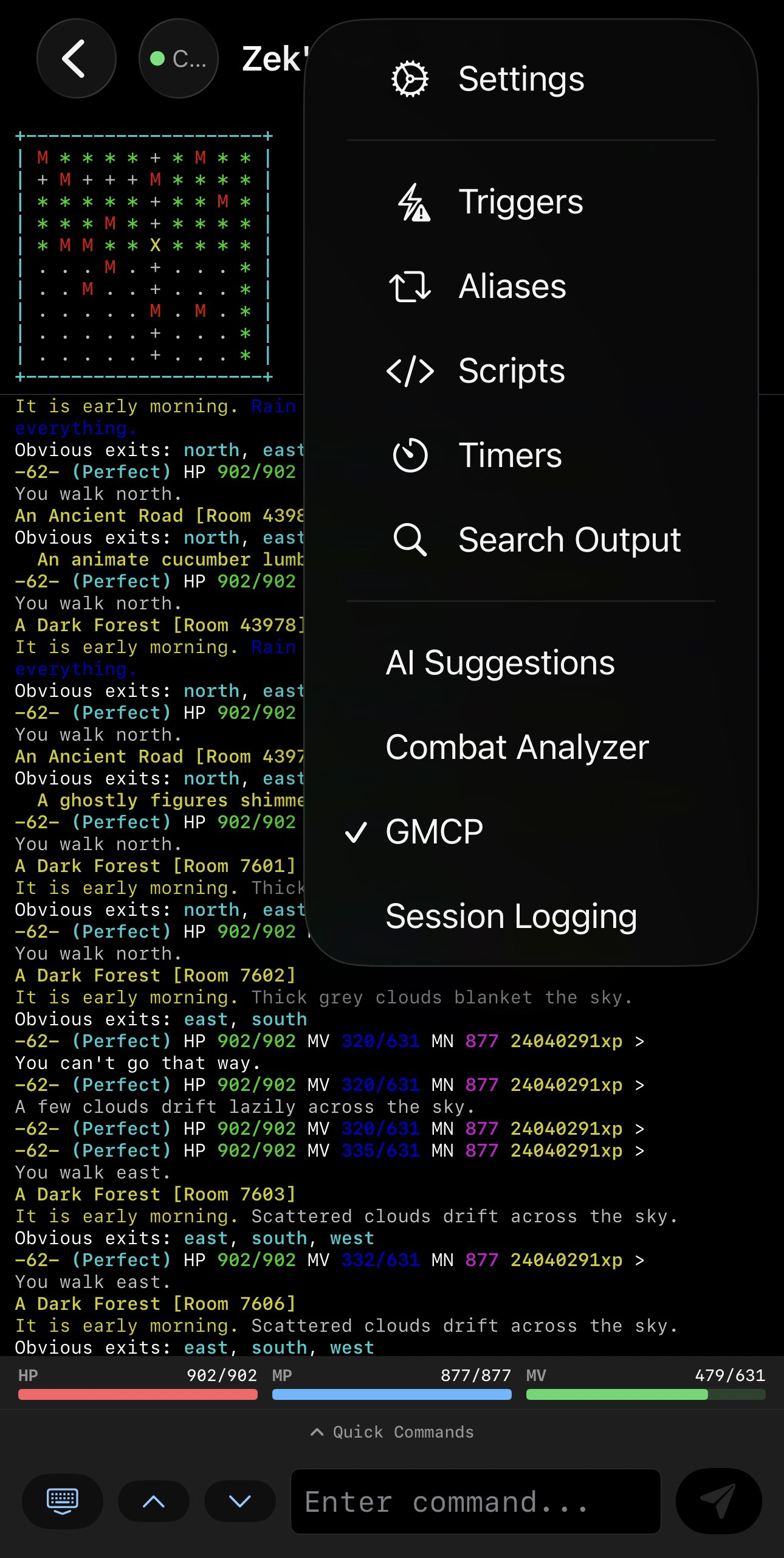Session menu with triggers, aliases, timers, and settings